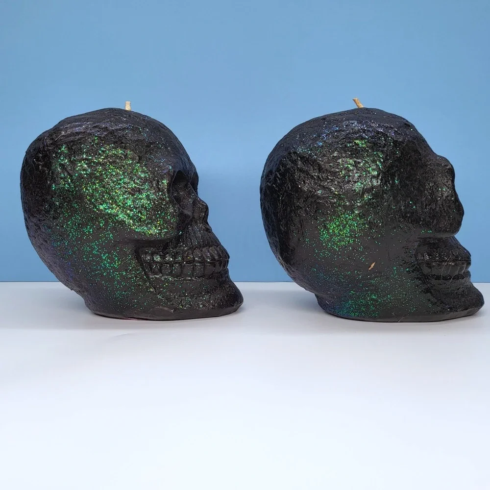 Halloween Skull Candles • Glitter Skull Candle Set • Green • 4.75